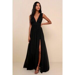 Elegant Black V-Neck Maxi Dress with Thigh Slit